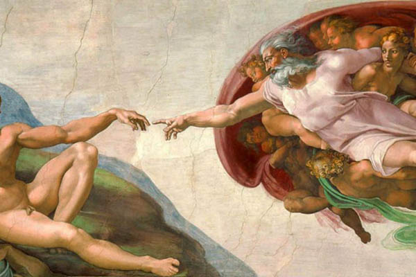 El dibujo más famoso “La creación de Adán”,  es una de las escenas de los frescos de la bóveda de la Capilla Sixtina pintados por Miguel Ángel entre 1508 y 1512 en los Palacios Vaticanos. Esta pintura  representa uno de los nueve episodios del Génesis: la creación de Adán, el primer hombre, por Dios. En la pintura, Dios le da vida a Adán con un simple toque divino, infundiendo la chispa de la vida en él. 